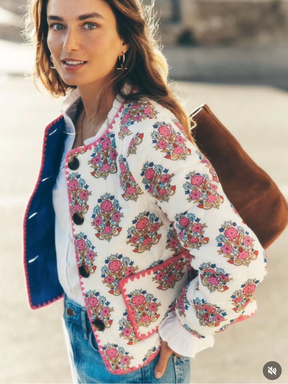 Boden Chelsea Quilted Jacket In Wildflower Stamp White Pink Size 6